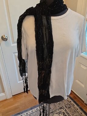 Black Polka Dot Fringe Scarf with Gold Accent - Unbranded